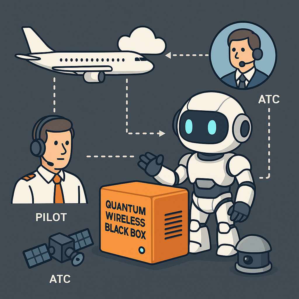 Diagram of pilot, AI blackbox, aircraft, satellite, cloud, and air traffic control working together